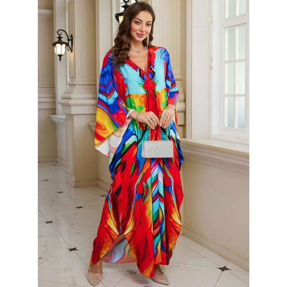 Women's Red Vivid V Neck Batwing Sleeves Summer Beach Cover Up Kaftan Dress - Picture 5 of 6